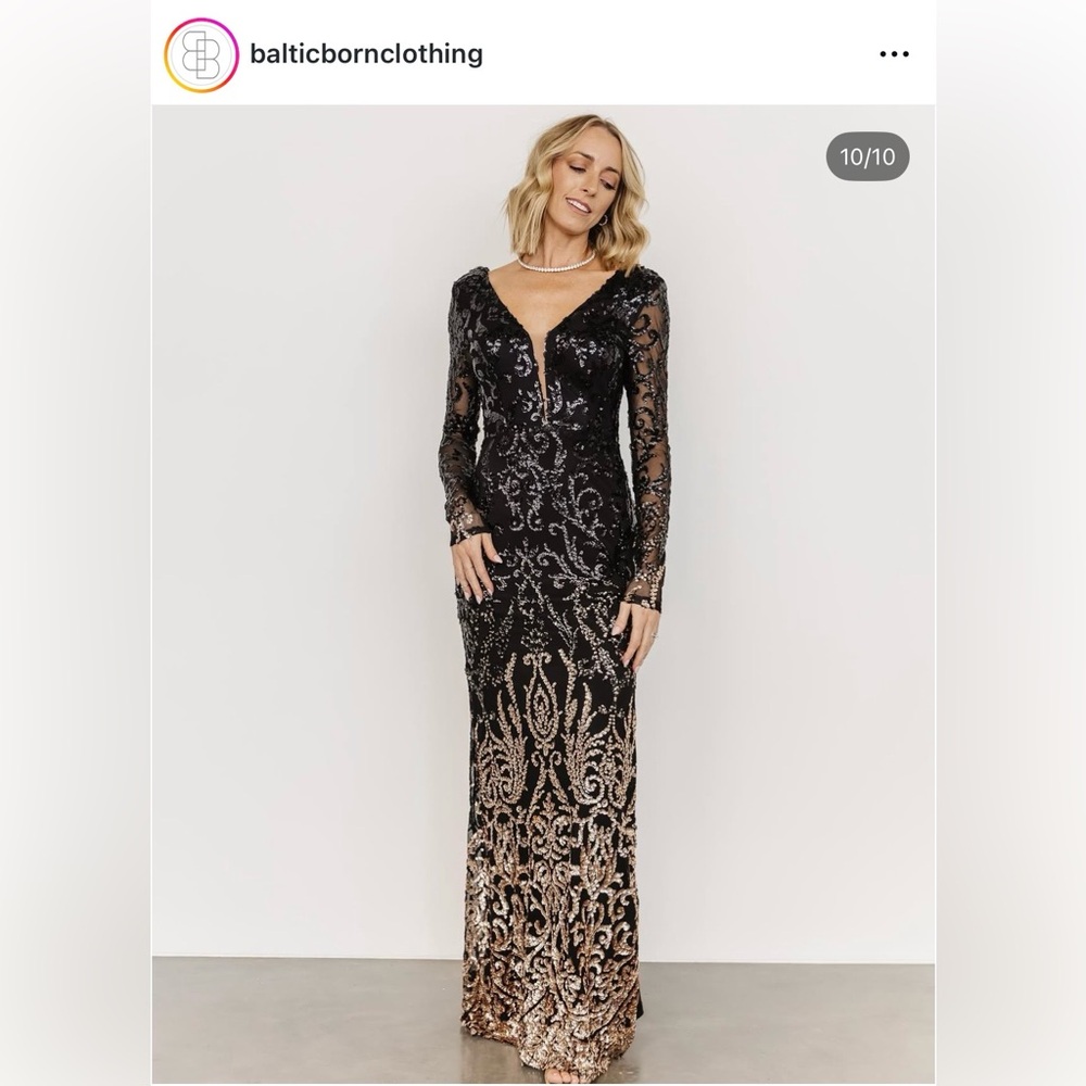 Baltic Born Belynda Ombré Sequin Black and Gold Long Sleeve Maxi Dress size M